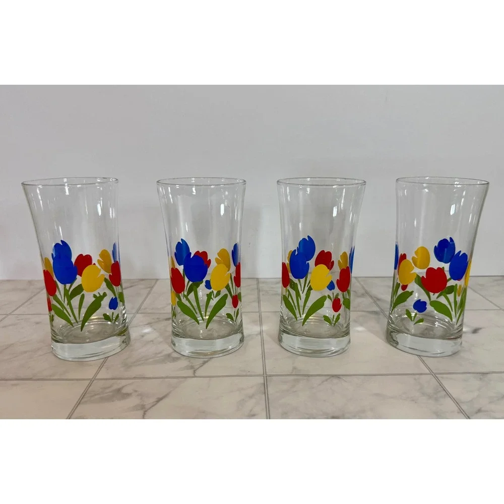 Vintage Federal Glass Tulip Tyme Tumblers Set of 4 Primary Colors Floral Glass